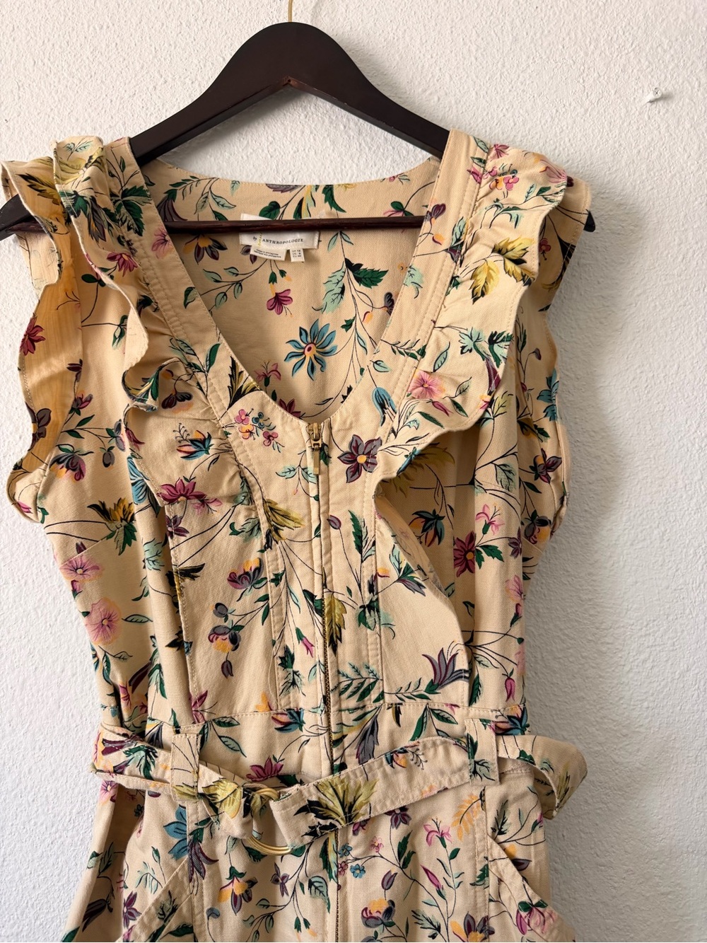 Anthropologie Cream Floral Ruffle-Sleeve Belted Jumpsuit - Picture 4 of 10